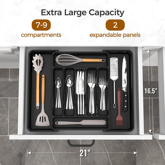 ukeetap Extra Large Expandable Silverware Organizer, BPA-Free Food-Safe Cutlery Flatware Organizer, Kitchen Utensil Drawer Organizer, Adjustable Silverware Holder for Spoons Forks Knives, Black