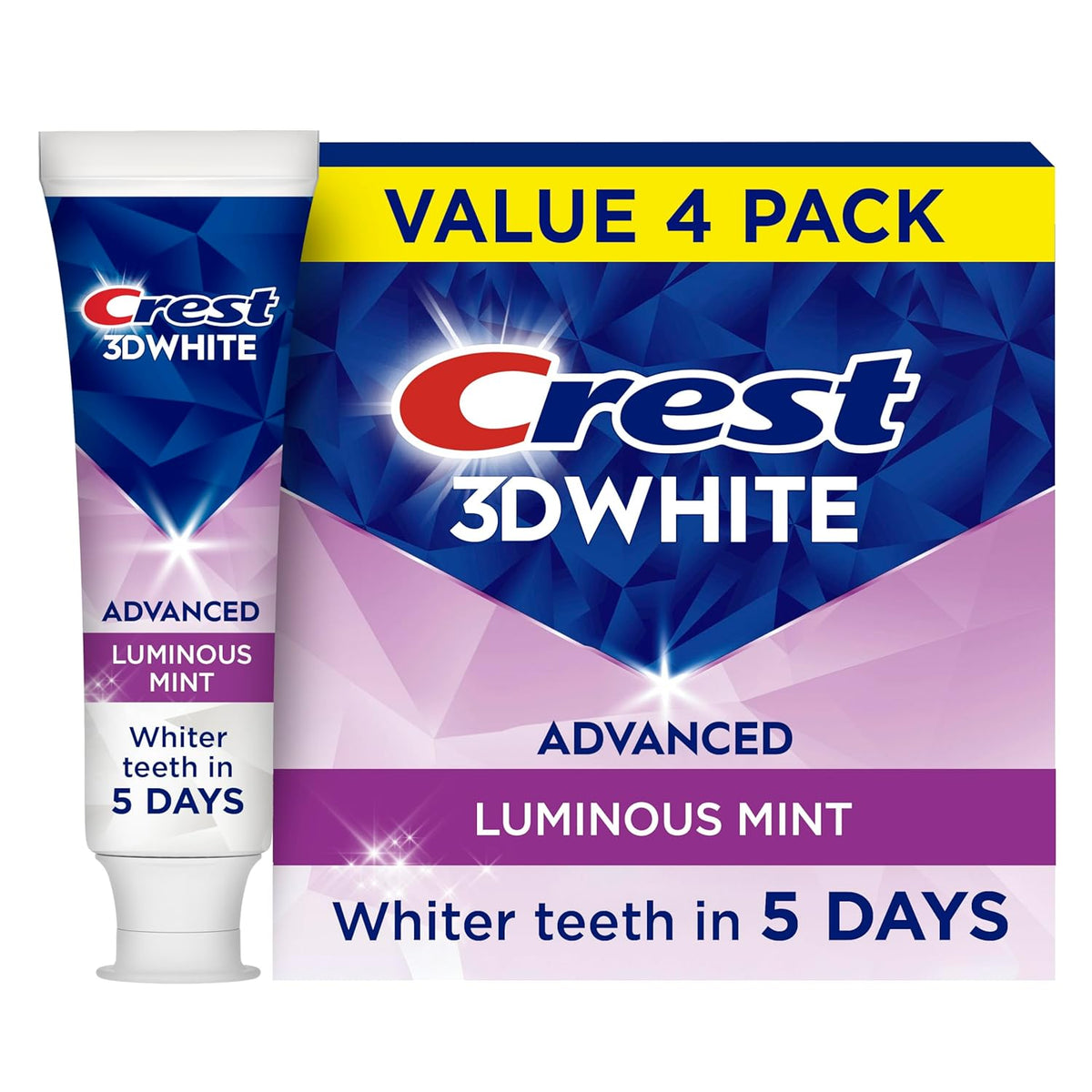 Crest 3D White Advanced Luminous Mint Teeth Whitening Toothpaste, Crest Toothpaste, 3.7 oz Pack of 4 - Helps Remove Surface Stains, Whitens Teeth, Strengthens Tooth Enamel, Protects Against Cavities