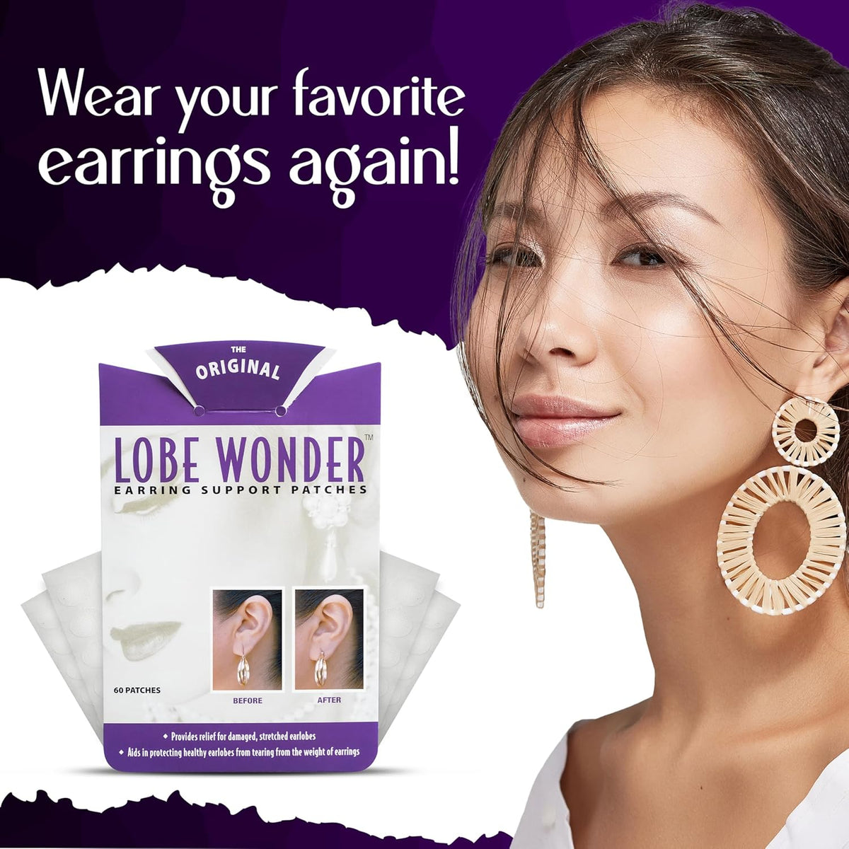 Lobe Wonder - The ORIGINAL Ear Lobe Support Patch for Pierced Ears - Eliminates the Look of Torn or Stretched Piercings - Protects Healthy Ear Lobes from Tearing - 60 Patches - Clear & Latex-Free