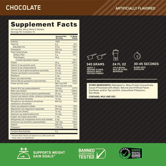 Optimum Nutrition Serious Mass, Weight Gainer Protein Powder, Mass Gainer, Vitamin C and Zinc for Immune Support, Creatine, Chocolate, 12 Pound (Packaging May Vary)