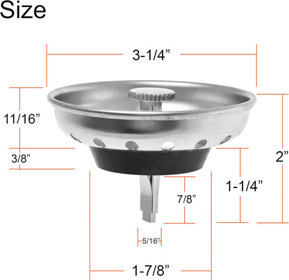 2 Pack - Kitchen Sink Strainer and Stopper Combo Basket Replacement for Standard 3-1/2 inch Drain, Stainless Steel Basket with Plastic Knob, Rubber Stopper Bottom - Hilltop Products