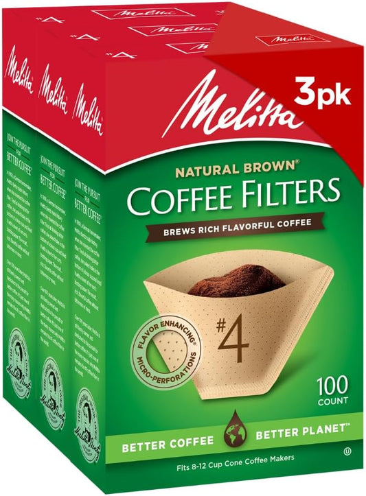 Melitta #4 Cone Coffee Filters, Natural Brown, 100 Count (Pack Of 3), 300 Total Filters - Fits all 8-12 Cup Cone Coffee Makers and Pour-Overs, Compostable, Tear-Resistant