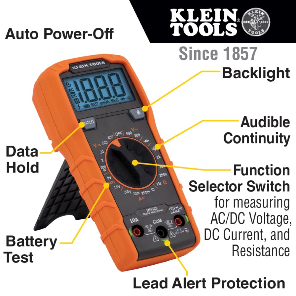 Klein Tools MM325 Multimeter, Digital Manual-Ranging 600V AC/DC Voltage Tester, Tests Batteries, Current, Resistance, Diodes, and Continuity