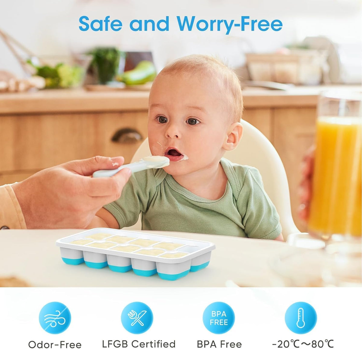 DOQAUS Ice Cube Tray with Lid and Bin - 4 Pack Silicone Ice Cube Trays for Freezer, Stackable Ice Bucket Kits with Storage Container & Scoop for Kitchen, RV, Cocktail, Coffee