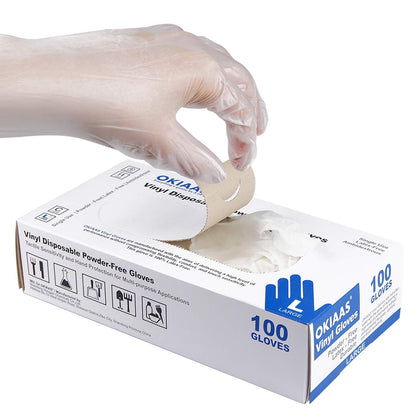 OKIAAS Disposable Gloves M, Food Safe | Latex-Free and Powder-Free Clear Vinyl Gloves for Cooking, Food Prep, Household Cleaning | Medium,100 Counts/Box