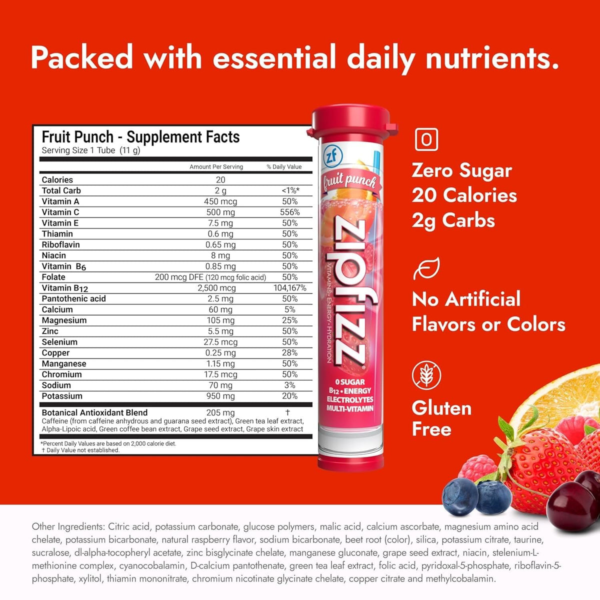 Zipfizz Daily Energy Drink Powder, Fruit Punch, 20 Pack 3-in-1 Sustained Energy, Rapid Hydration, and Essential Vitamins Sugar-Free Electrolyte Powder Contains Vitamin B-12 & Antioxidants