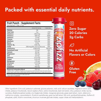 Zipfizz Daily Energy Drink Powder, Fruit Punch, 20 Pack 3-in-1 Sustained Energy, Rapid Hydration, and Essential Vitamins Sugar-Free Electrolyte Powder Contains Vitamin B-12 & Antioxidants