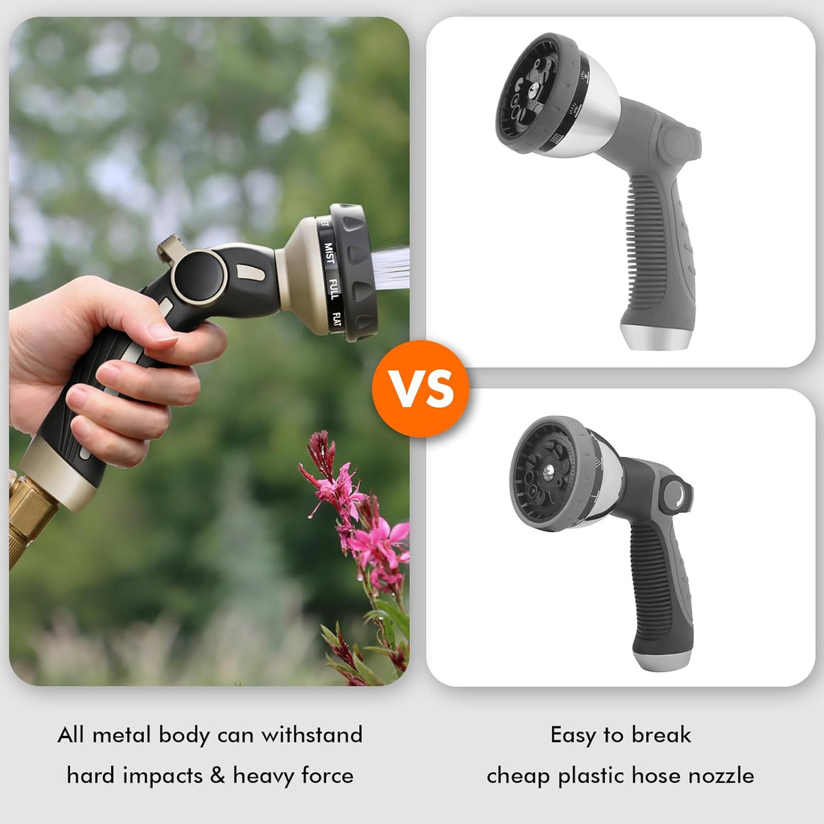 RESTMO Hose Nozzle Heavy Duty, Metal Water Hose Sprayer for Garden, 9 Spray Patterns | High Pressure | Thumb Flow Control | On/Off Valve, Ideal for Outdoor Lawn & Plant Watering, Car & Pet Washing