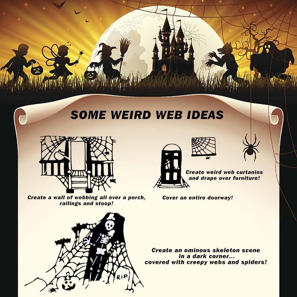 Halloween Spider Webs  1400 sqft Halloween Spider Webs Decorations with 150 Extra Fake Spiders, Super Stretchy Cobwebs for Halloween Decor Indoor and Outdoor
