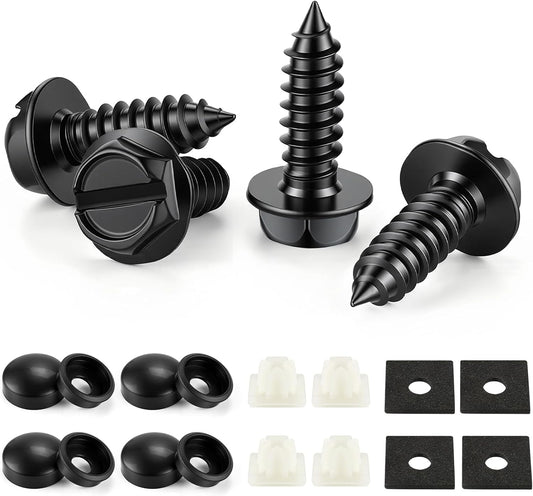 LivTee Rustproof License Plate Screws for Securing License Plates Frames and Covers on Cars and Trucks, 4 Sets Premium Stainless Steel Self Tapping Mounting Bolts (Black Zinc Plated)