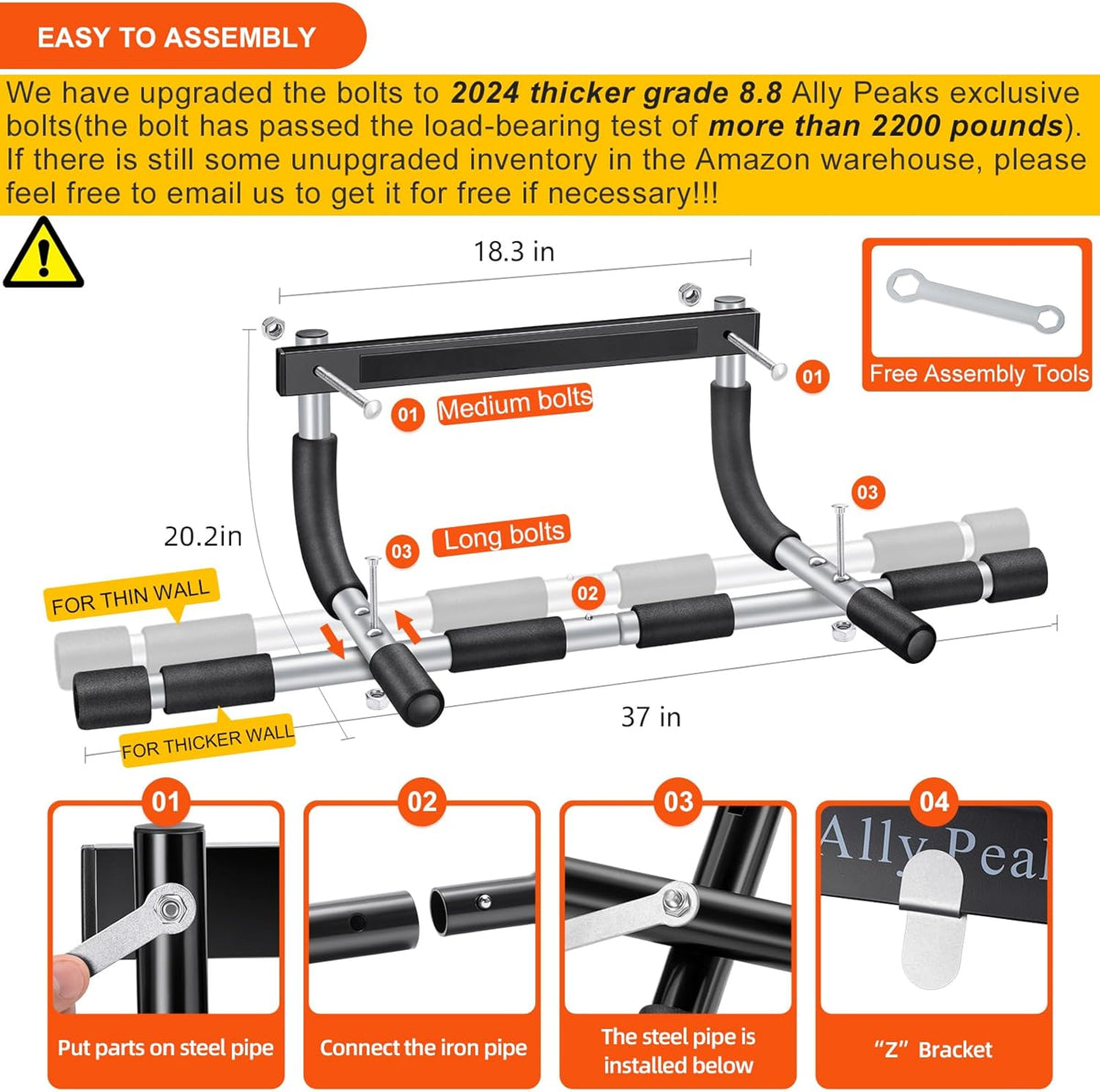 Ally Peaks Pull Up Bar for Doorway | Thickened Steel Max Limit 440 lbs Upper Body Fitness Workout Bar| Multi-Grip Strength for Doorway | Indoor Chin-Up Bar Fitness Trainer for Home Gym Portable