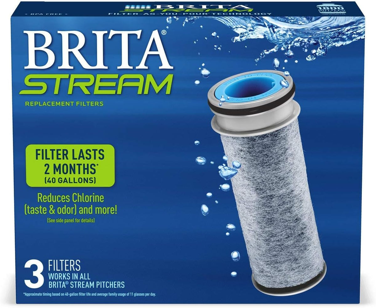 Brita Stream Pitcher Water Filter for Pitchers and Dispensers, BPA-Free, Replaces 1,800 Plastic Water Bottles a Year, Lasts Two Months or 40 Gallons, Includes 3 Filters