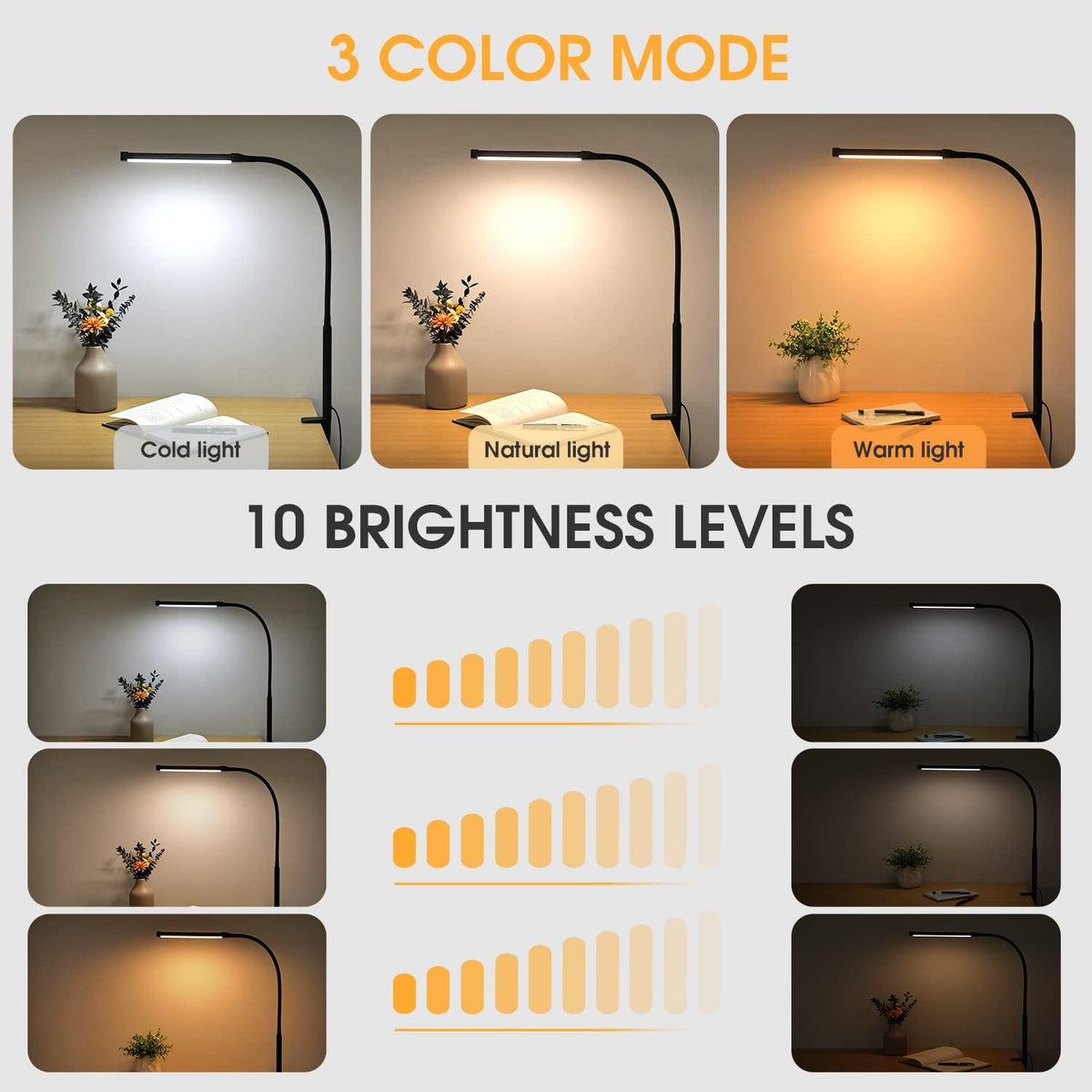 Voncerus LED Desk Lamp with Clamp, Eye-Caring Clip on Lights for Home Office, 3 Modes 10 Brightness, Long Flexible Goose-Neck, Metal, Swing Arm Architect Task Table Lamps with USB Adapter, Black