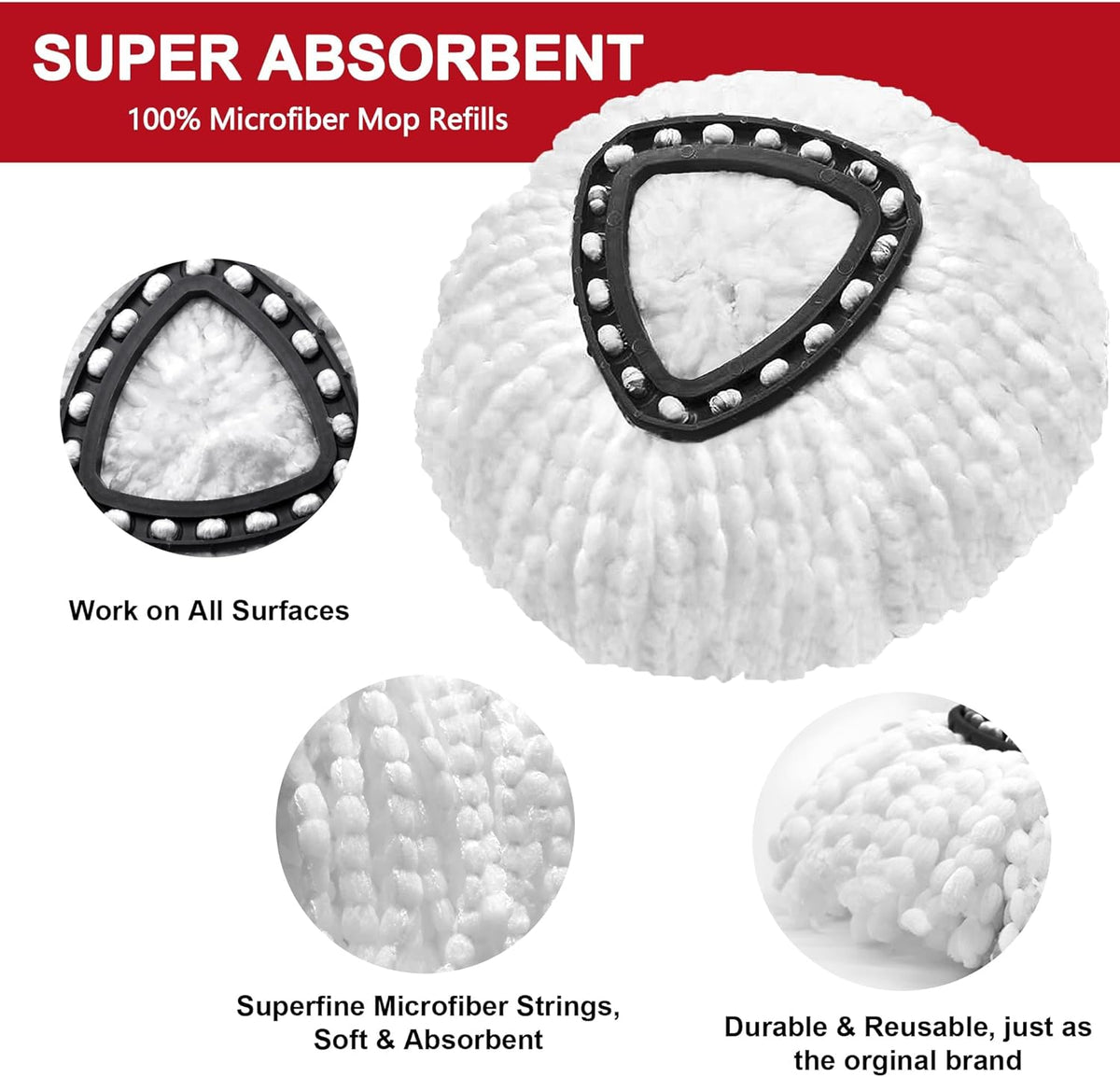 4 Pack Mop Heads Replacements for O-Ceda Easy Wrin Spin System, Microfiber Refills, Easy Cleaning Mop Repalce Head
