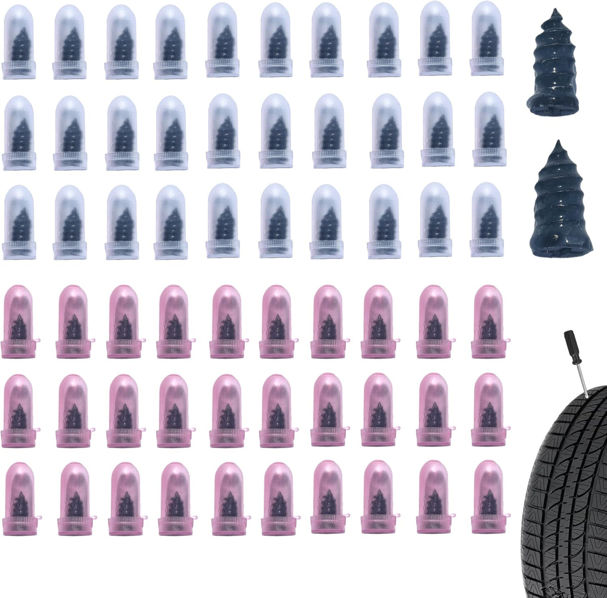 60 PCS Tire Repair Rubber Nail, Vacuum Tire Repair Kits Spiral Rubber Screws, Fast Self-Service Tool for Car, Truck, Motorcycle, Tractor Tire Puncture Repair (Black)