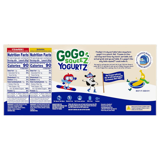 GoGo squeeZ yogurtZ Variety Pack, Strawberry & Banana, 3 oz (Pack of 20), Kids Snacks Made from Real Yogurt and Fruit, No Fridge Needed, Gluten Free, Nut Free, Recloseable Cap, BPA Free Pouches