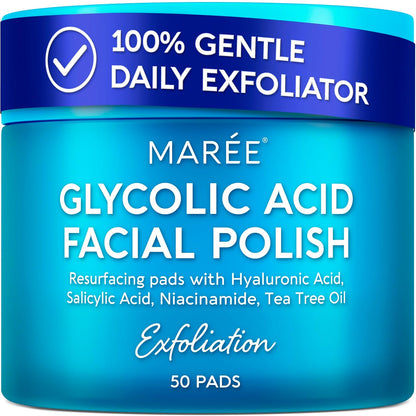 MAREE Glycolic Acid Pads - Toner Pads for Face Cleansing - Exfoliating Pad with Tea Tree Oil, Salicylic Acid & Vitamins E, B3, B5 - Acne Clearing, Skin Pore Resurfacing & Radiance Device - 50 Count