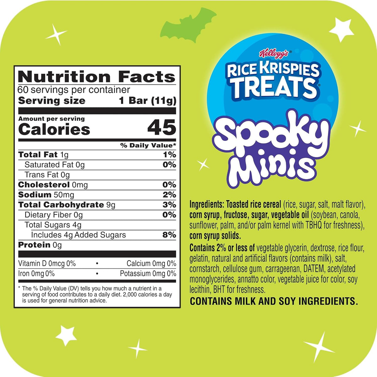 Rice Krispies Treats Mini Crispy Marshmallow Squares, Kids Snacks, Cereal Bars, Halloween, 23.2oz Box (60 Bars)