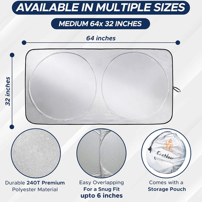 EcoNour Car Windshield Sunshade | Blocks 99% Heat & Keeps Interior Cool | Universal Fits Cars, SUVs, Trucks | Automotive Sun Screen, Visor & Car Accessories for Summer | Medium (64x32 Inches)