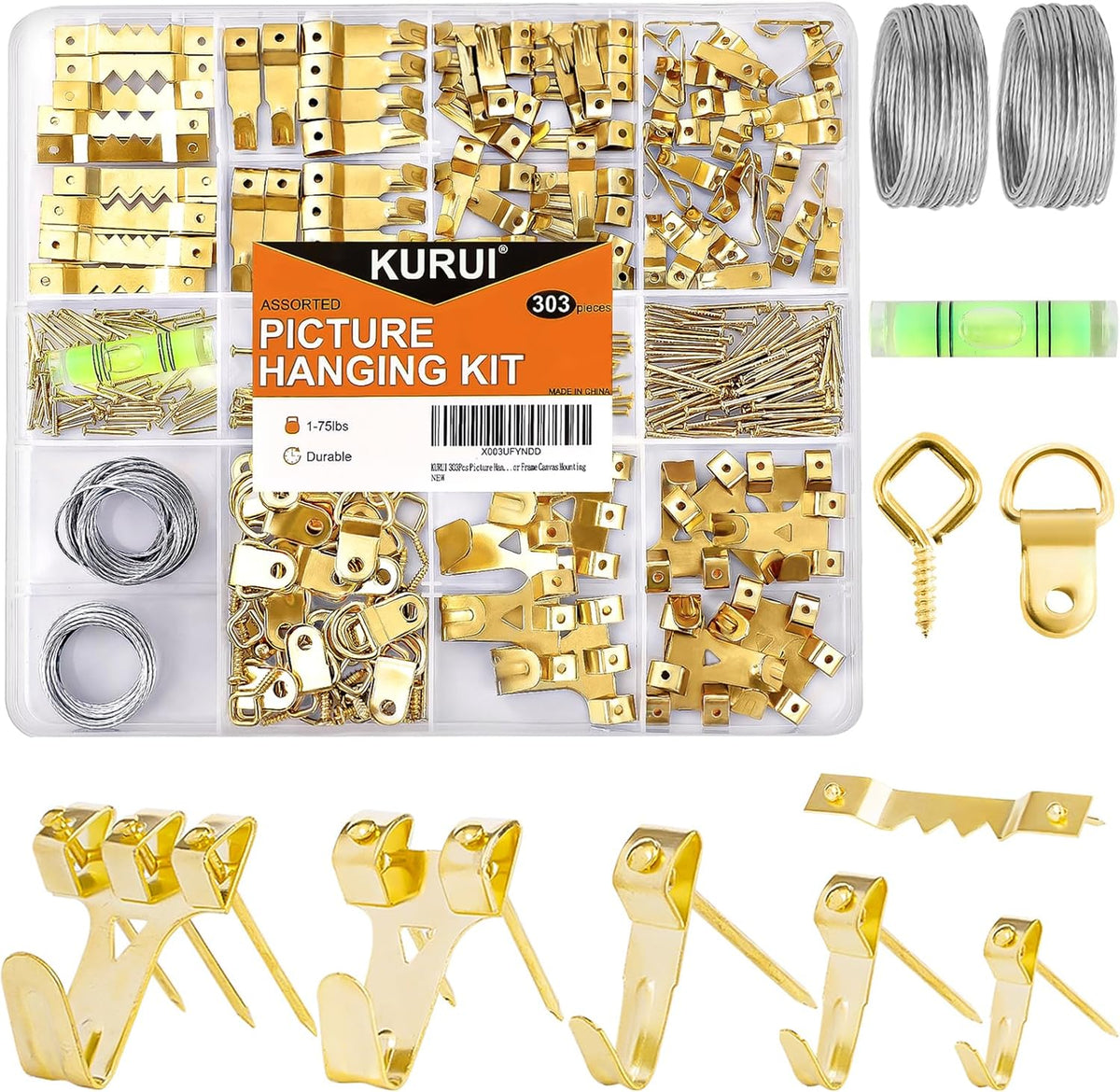 KURUI 303Pcs Picture Hanging Kit, Picture Hangers Assorted Kit with Heavy Duty Picture Hanging Hooks/Hardware Nails/Sawtooth/Wire/D Rings/Level, Metal Picture Wall Hooks for Frame Canvas Mounting