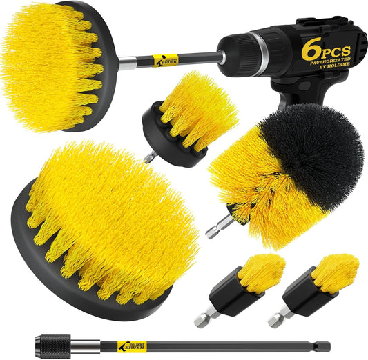 Holikme 6Pack Drill Brush Power Scrubber Cleaning Brush Extended Long Attachment Set All Purpose Drill Scrub Brushes Kit for Grout, Floor, Tub, Bathroom and Kitchen Surface,Scratch Brushes（Yellow）