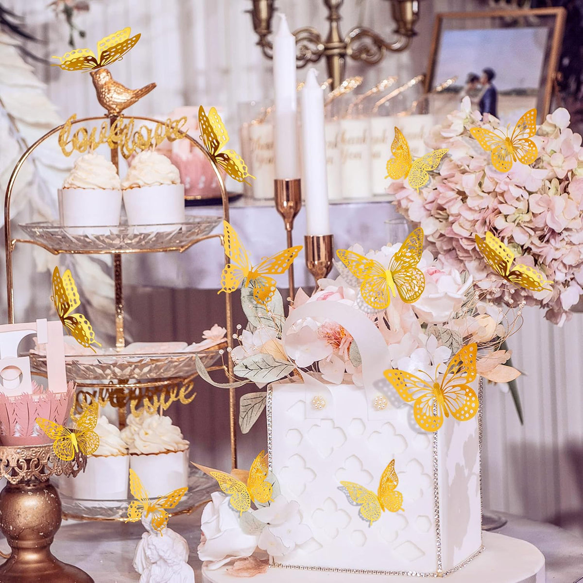 SAOROPEB 3D Butterfly Wall Decor - 48 Pcs, 4 Styles, 3 Sizes, Gold Butterfly Decorations for Birthday & Party Celebrations, Removable Stickers