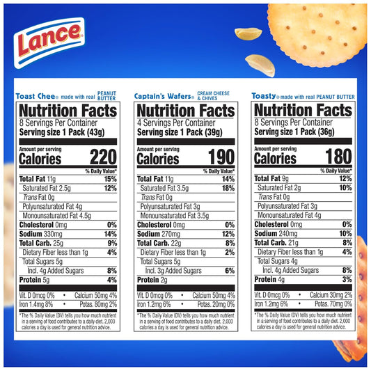 Lance Sandwich Crackers, Variety Pack, 3 Flavors, 20 Individually Wrapped Packs, 6 Sandwiches Each