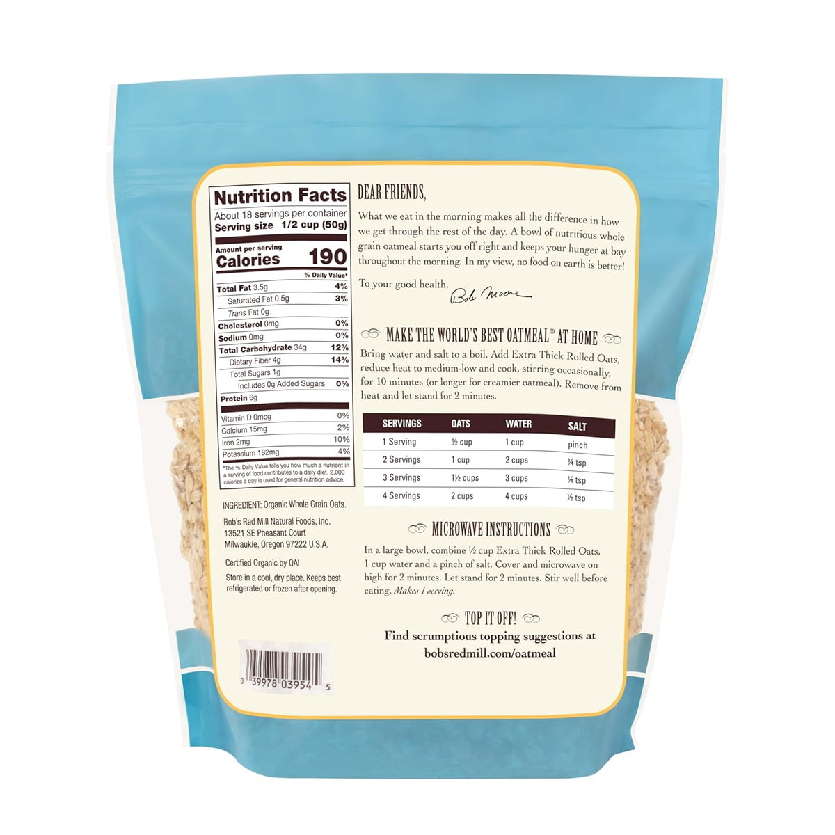 Bob's Red Mill Organic Extra Thick Rolled Oats, 32oz (Pack of 4) - Non GMO, Whole Grain, Vegan, Kosher