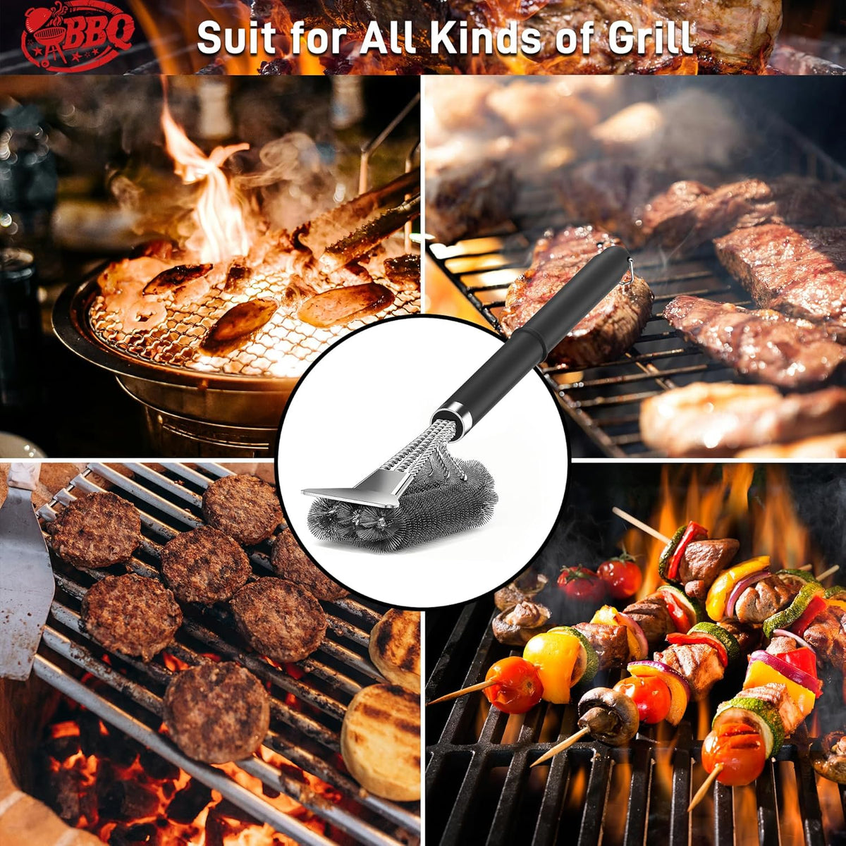 TNTOR Grill Brush with Scraper, 18" Adjustable Handle BBQ Grill Brush for Outdoor Grill, Extra Strong Grill Cleaner Accessories for Grill/Smoker/Gas/Charcoal Grill Cleaning-Grill Gifts for Men/Dad